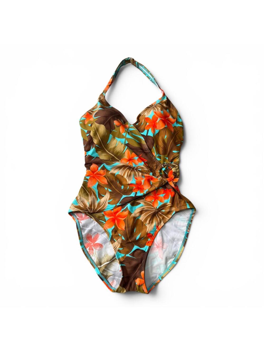 Beach Bay Women's Sz 12 Tropical One Piece Teal Orange Palm Tree Swimsuit EUC